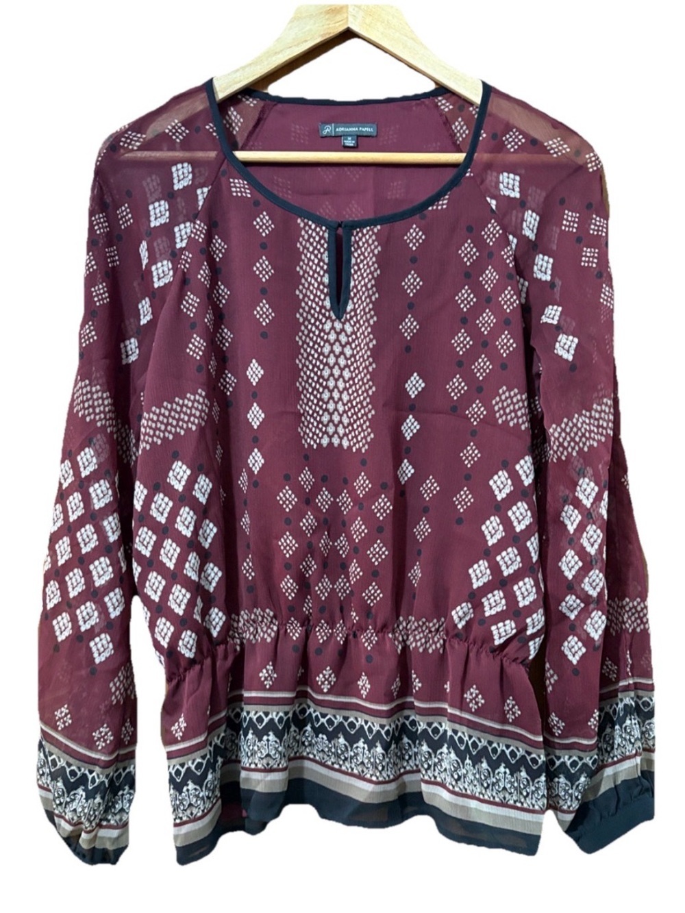 Adrianna Papell Popover Top M Boho Maroon Print Balloon Keyhole relaxed Blouse